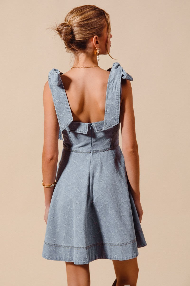 Light Wash A Line Denim Mini Dress w/ Ribbon Tie Strap
