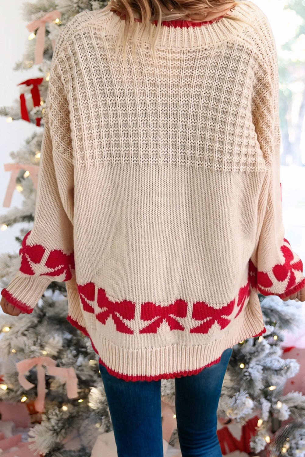 Apricot Bow Pattern Open Front Cardigan