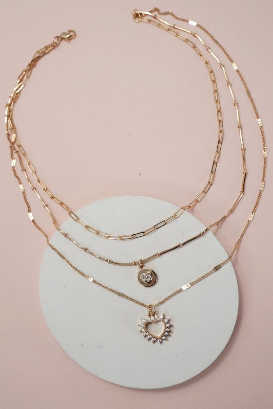 Multi Layer Set Rhinestone Heart Pendant Necklace