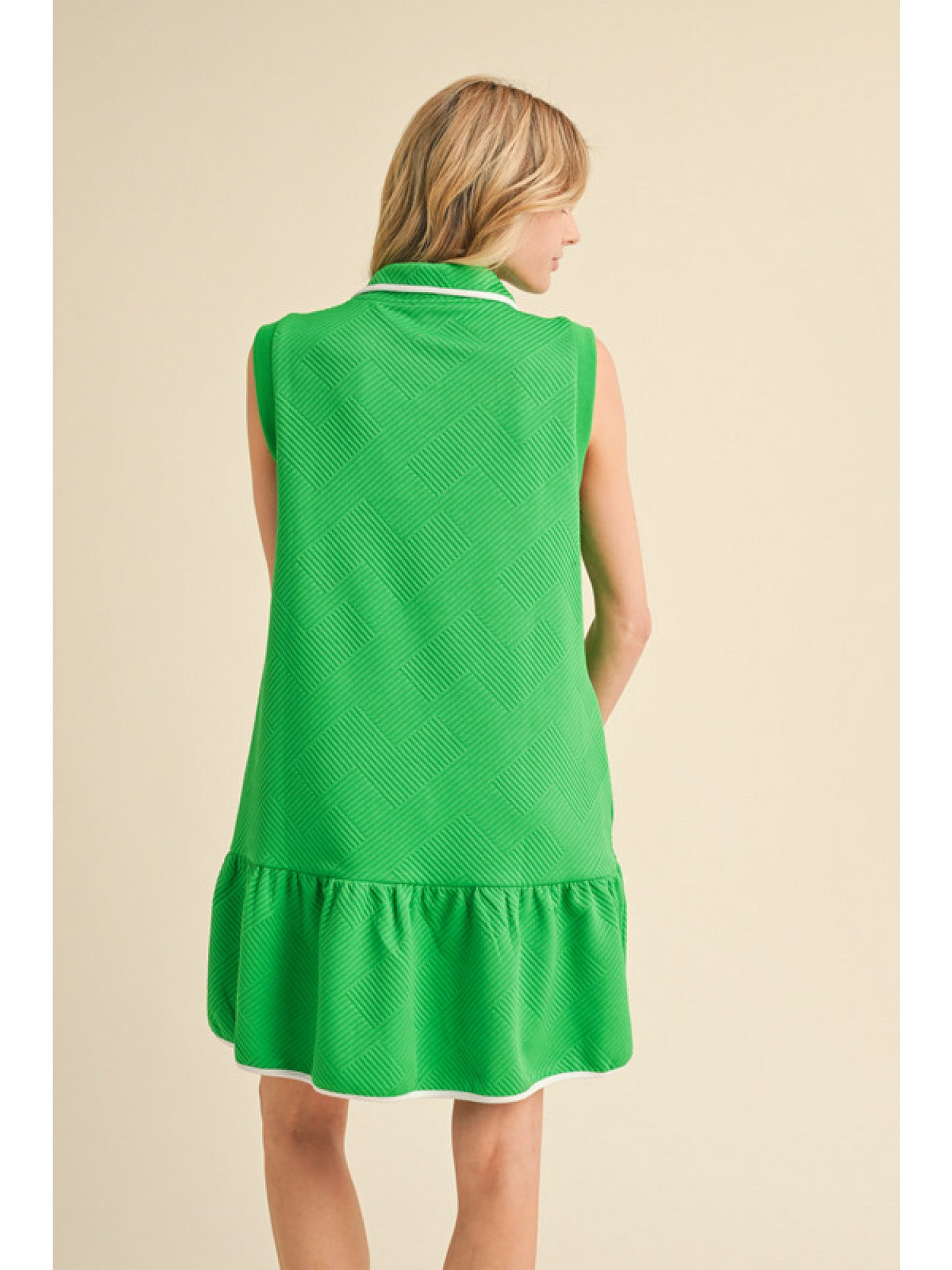 Zip Up, Wide Collared Sleeveless Mini Dress w/ Ruffly Hem