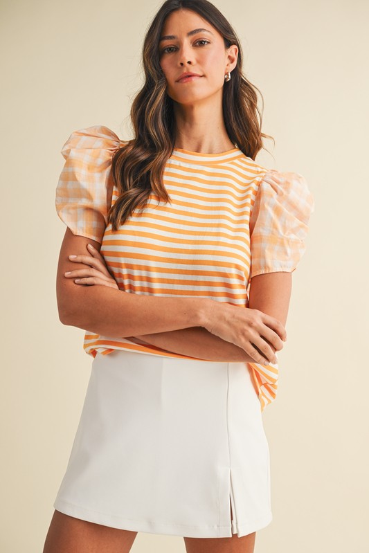 Orange Striped Mix Media Top w/ Ruching Short Sleeve