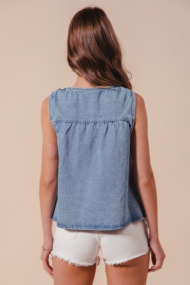 Denim Ruched Babydoll Sleeveless Top