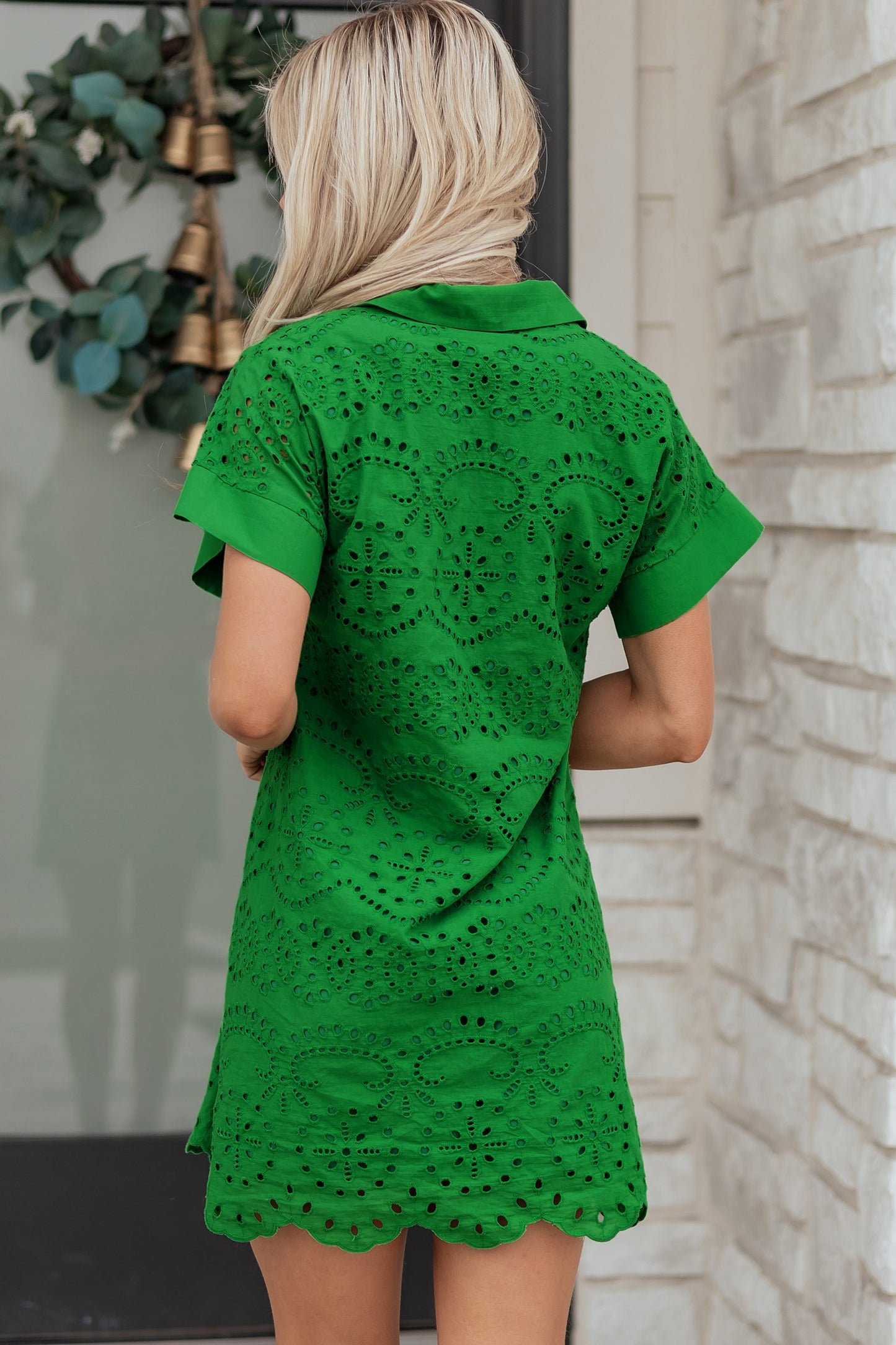 Green Eyelet Patterned Collared Mini Dress