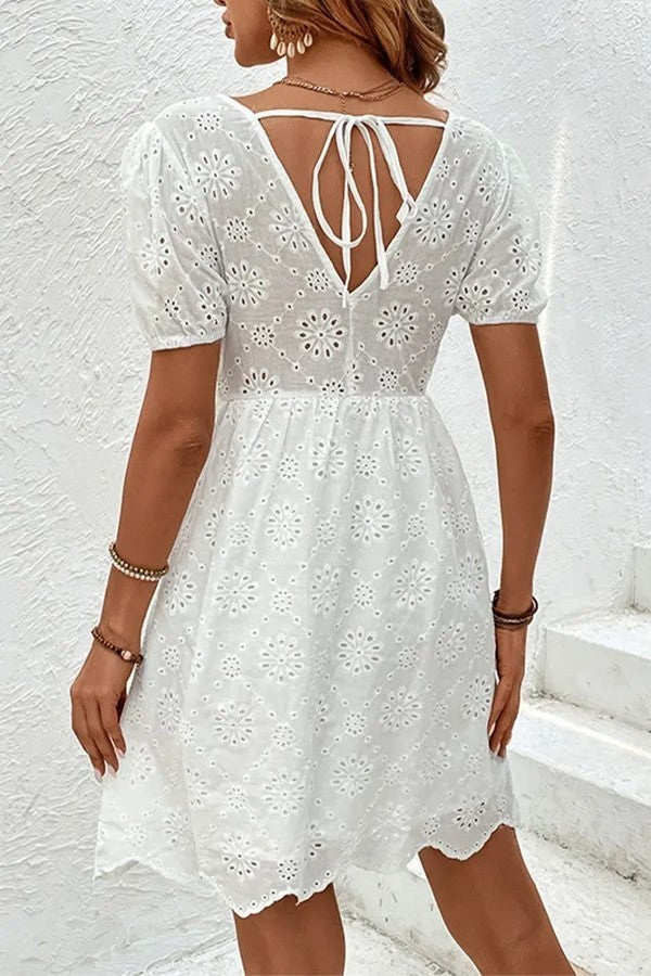 White Eyelet V-Neck Mini Dress