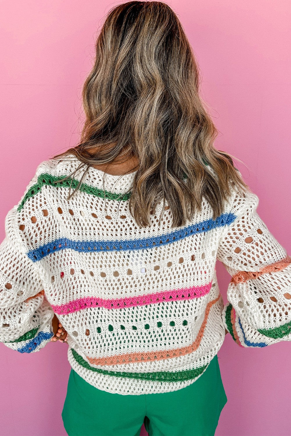 White Colorblock Open Knit Sweater