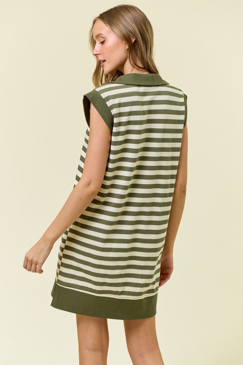 Cream Olive Striped Jersey Half Zip Up Mini Dress