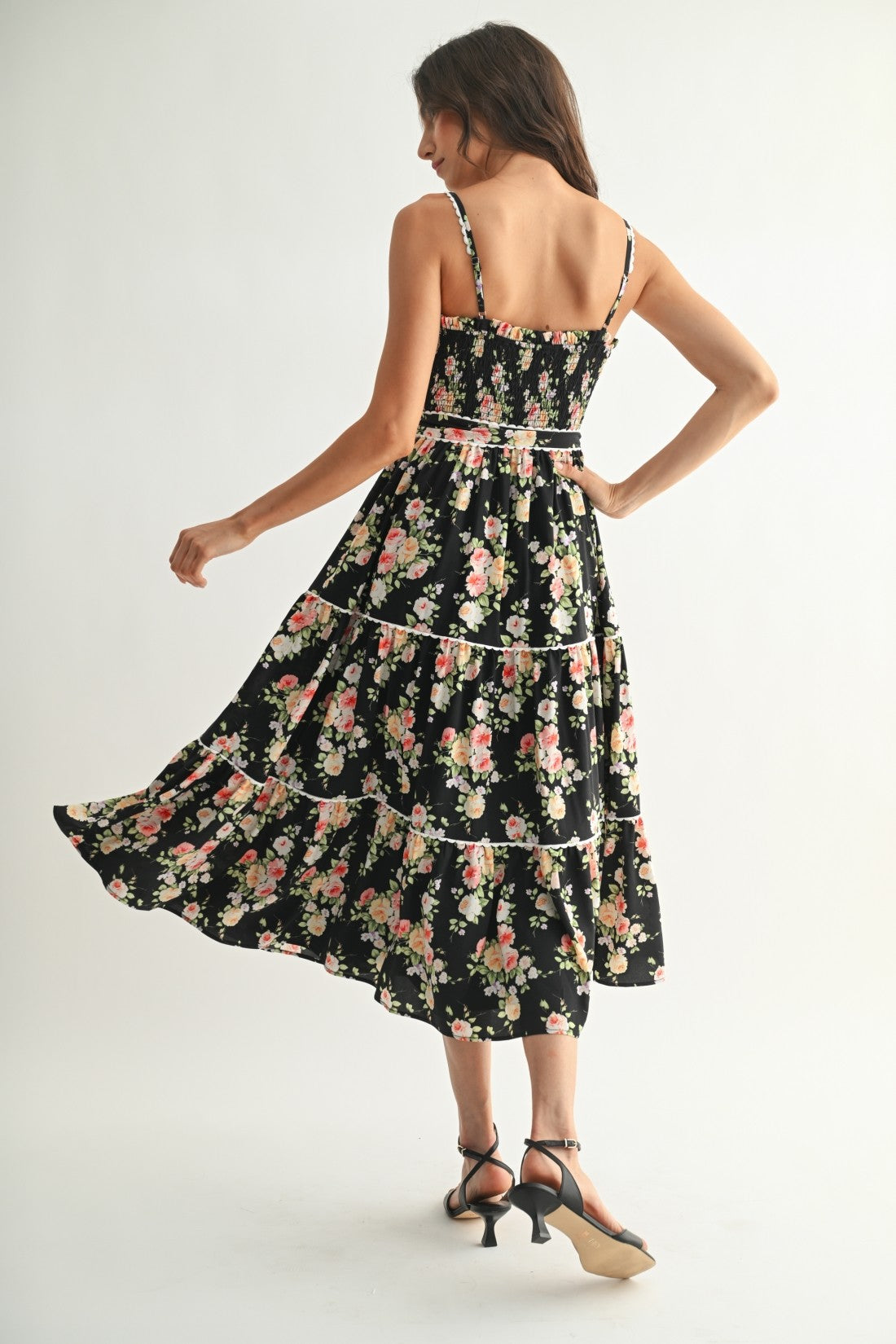 Black Floral Sleeveless Midi Dress w/ Tie