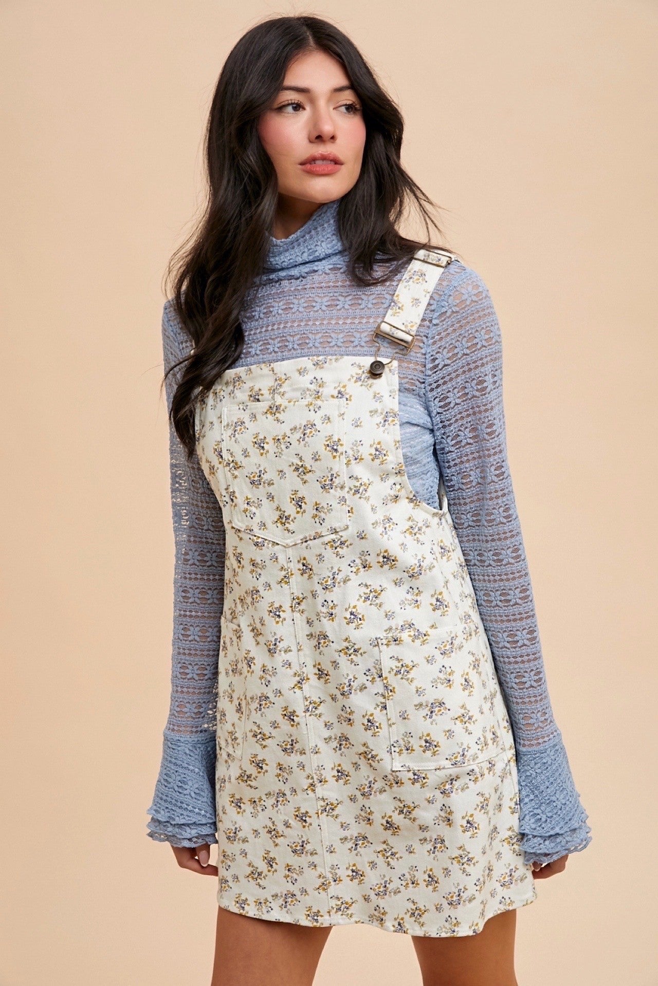 Ivory Floral Stretch Denim Overall Mini Dress