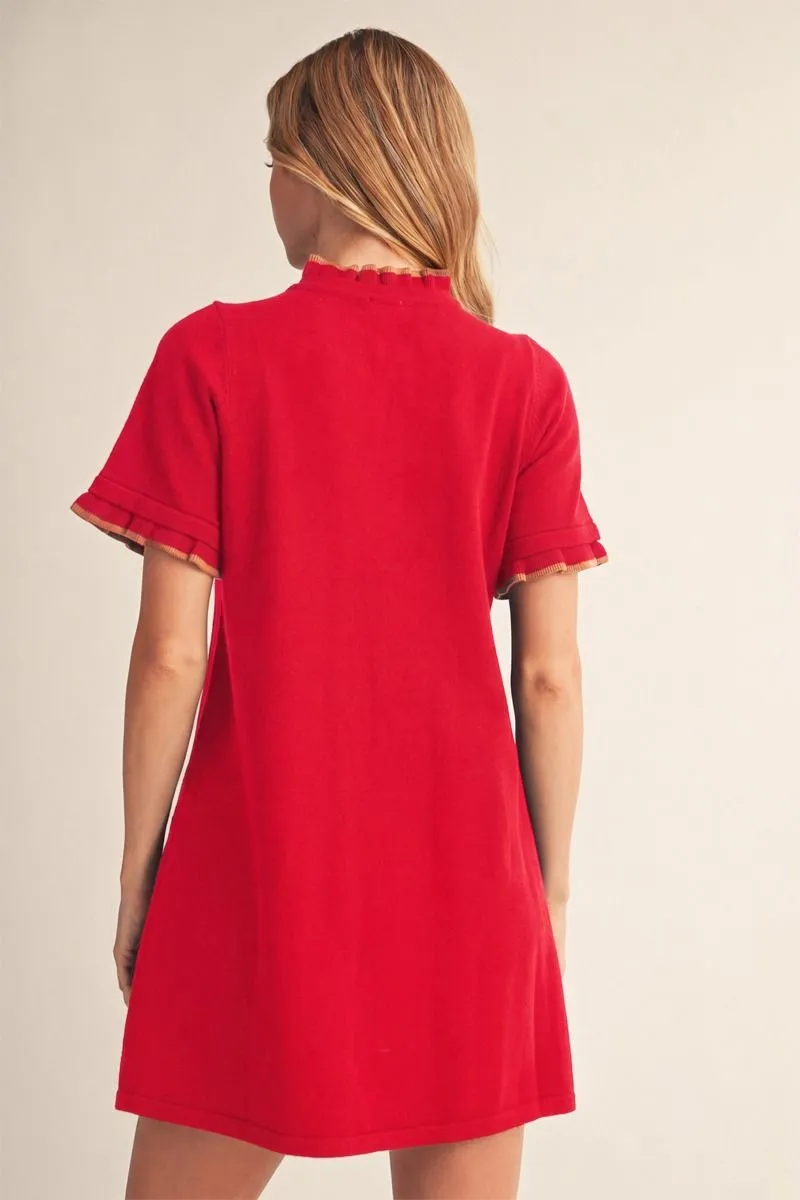 Red Short Sleeve Ribbed Sweater Dress