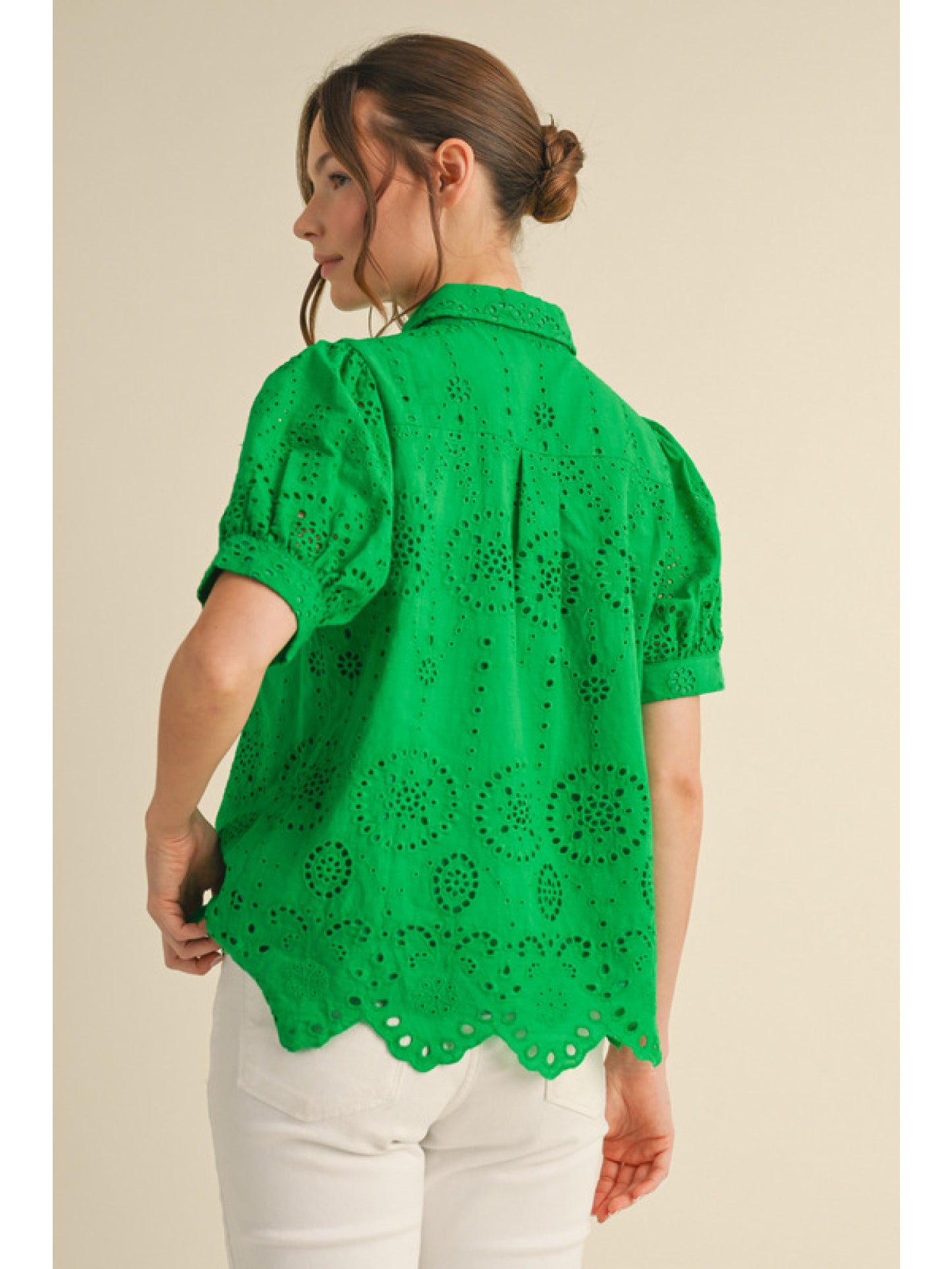 Kelly Green Eyelet Button Up Collared Blouse