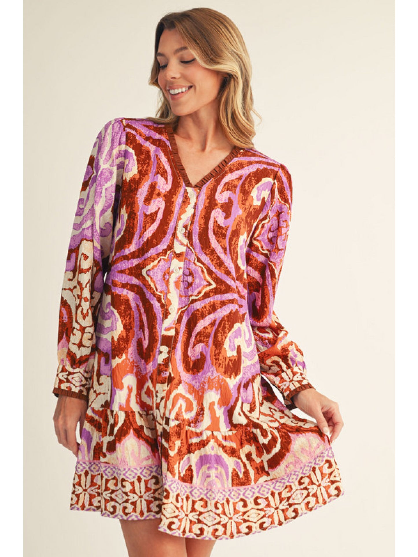 Toffee Abstract Printed Long Sleeve Button Down Mini Dress