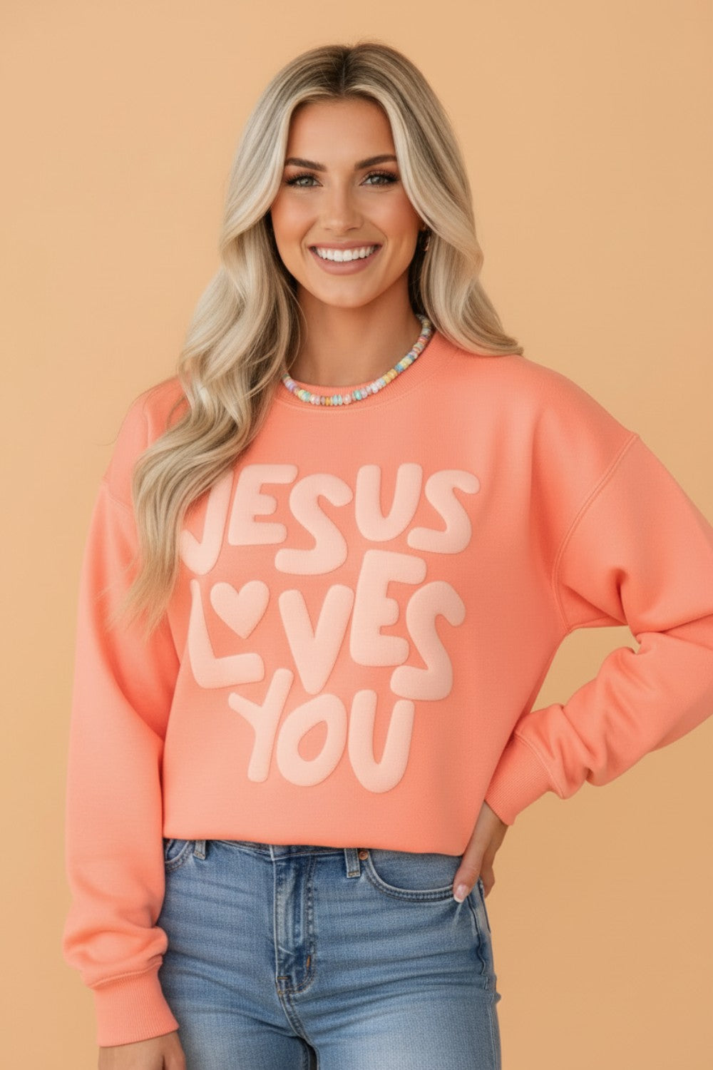 Grapefruit 'Jesus Loves You' Puff Letter Sweatshirt