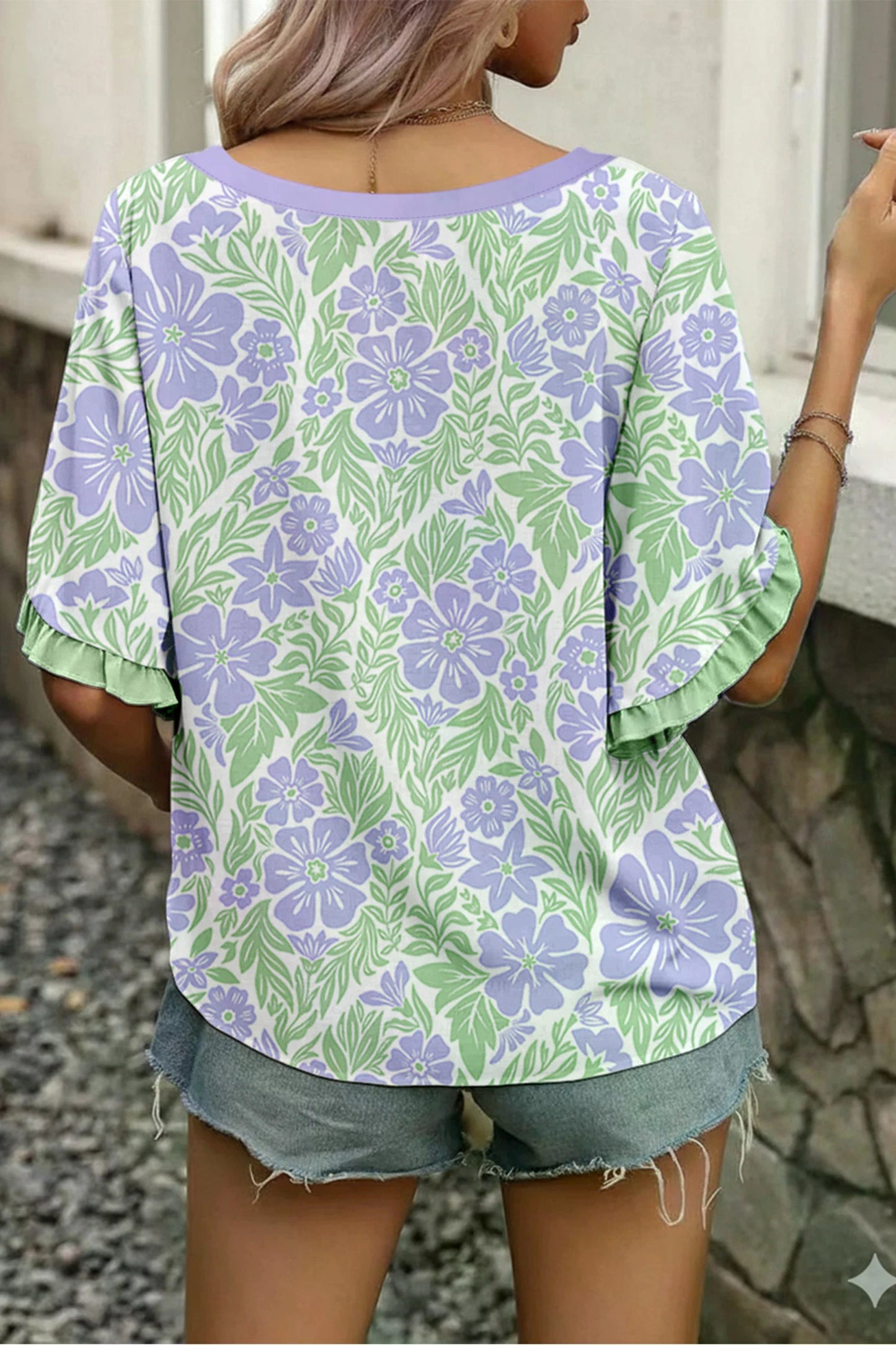 Purple Floral Scoop Neck Short Sleeve Blouse