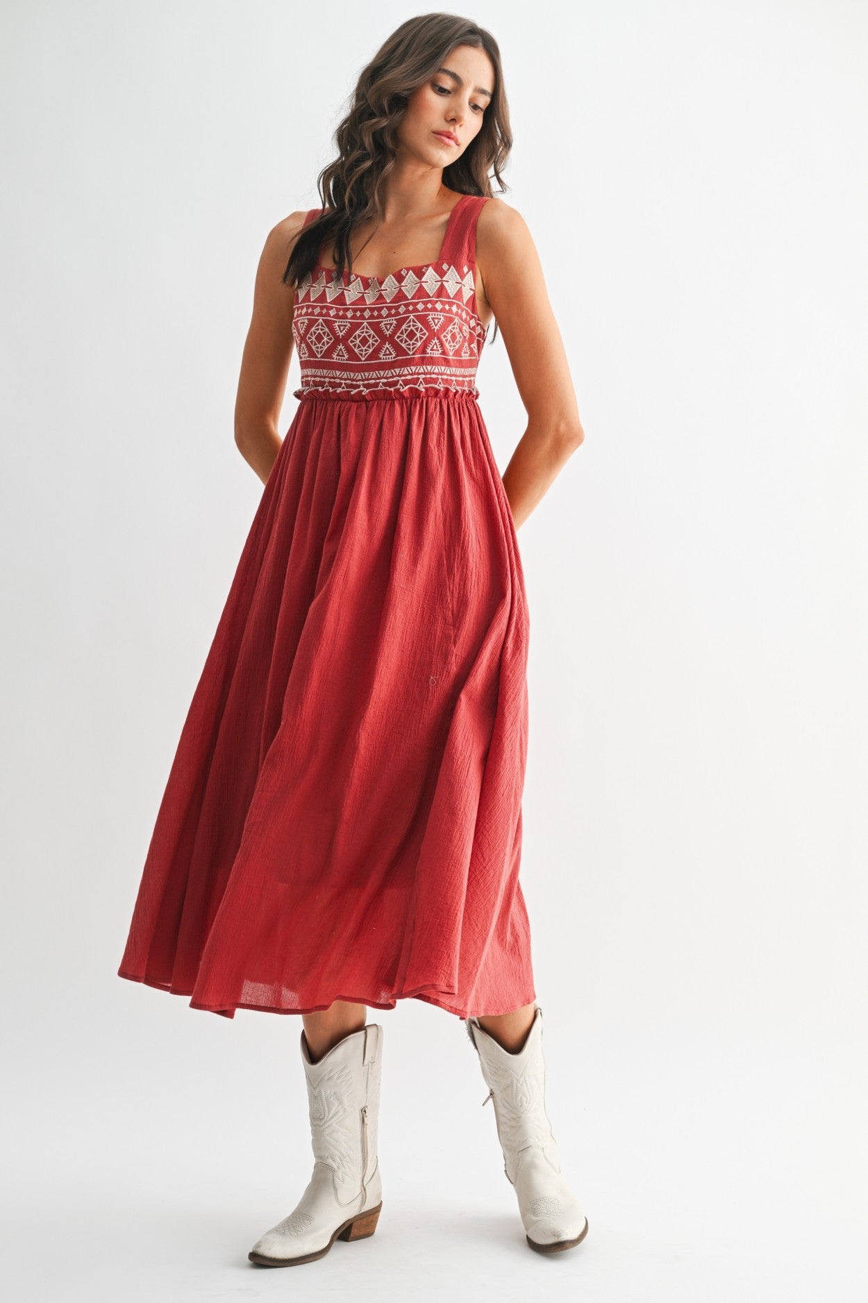 Rust Embroidered Sleeveless Maxi Dress w/ Pockets