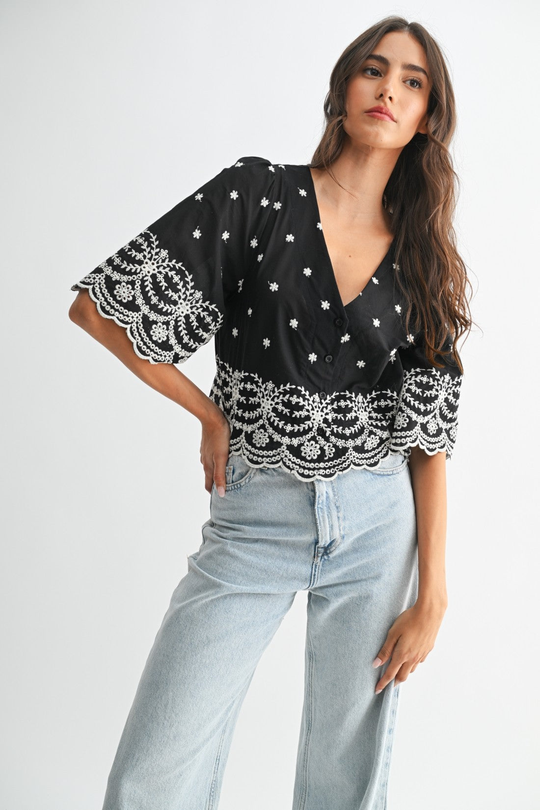 Black Embroidered V-Neck Crop Top
