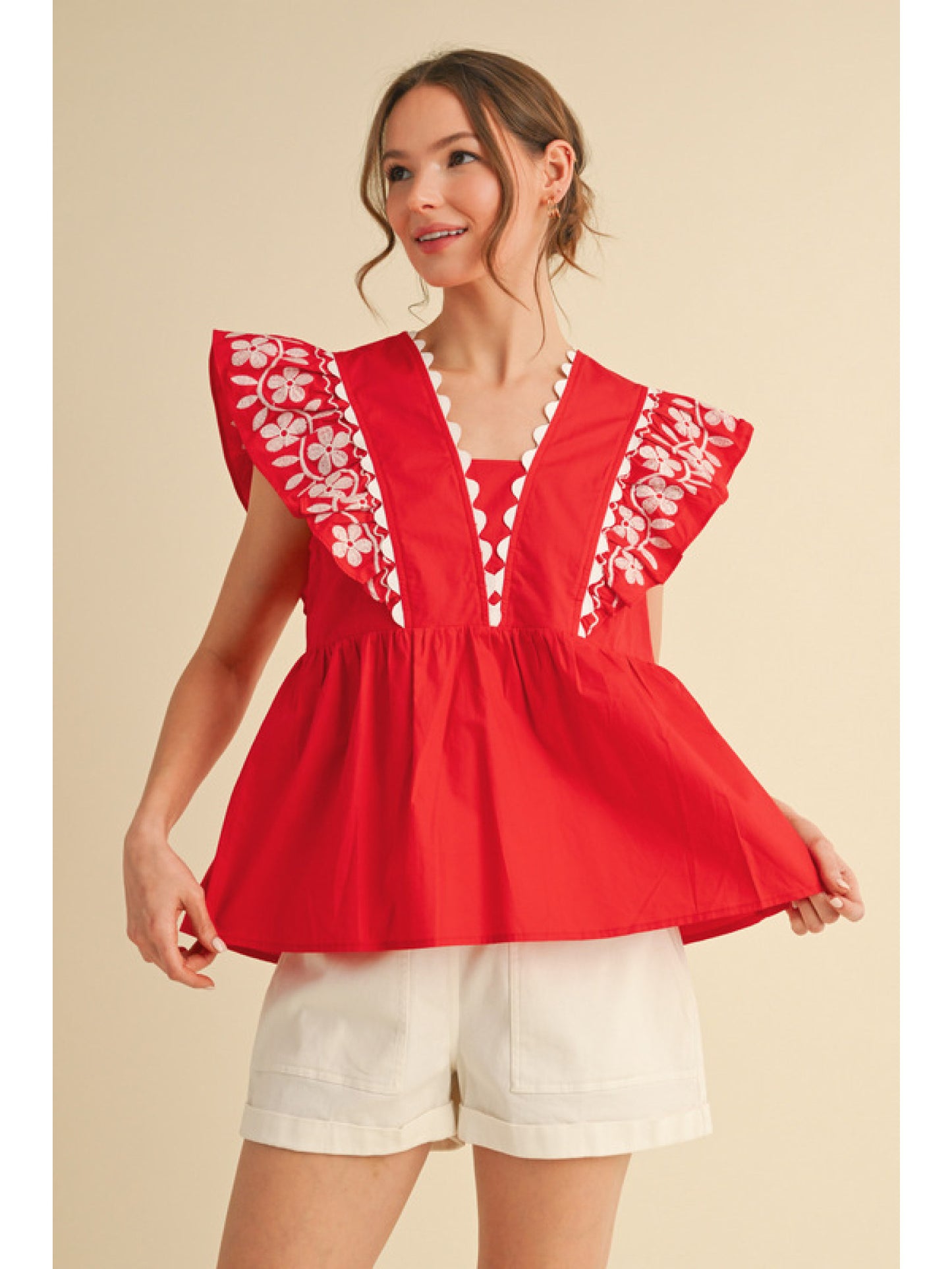 Red Embroidered Babydoll Sleeveless Top
