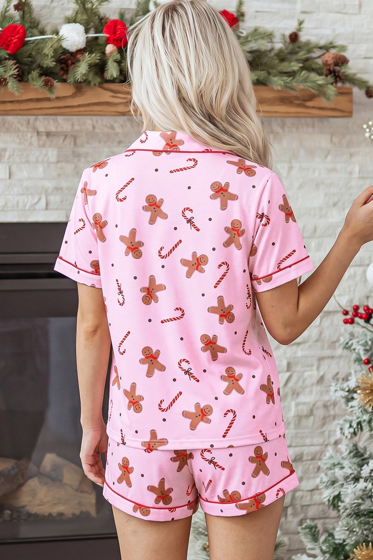 Pink Gingerbread Print Pajama Top + Shorts Set