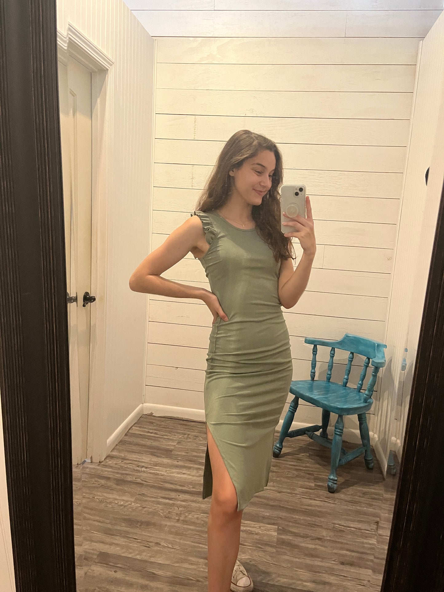 Sage Ruffle Sleeve Midi Knit Dress