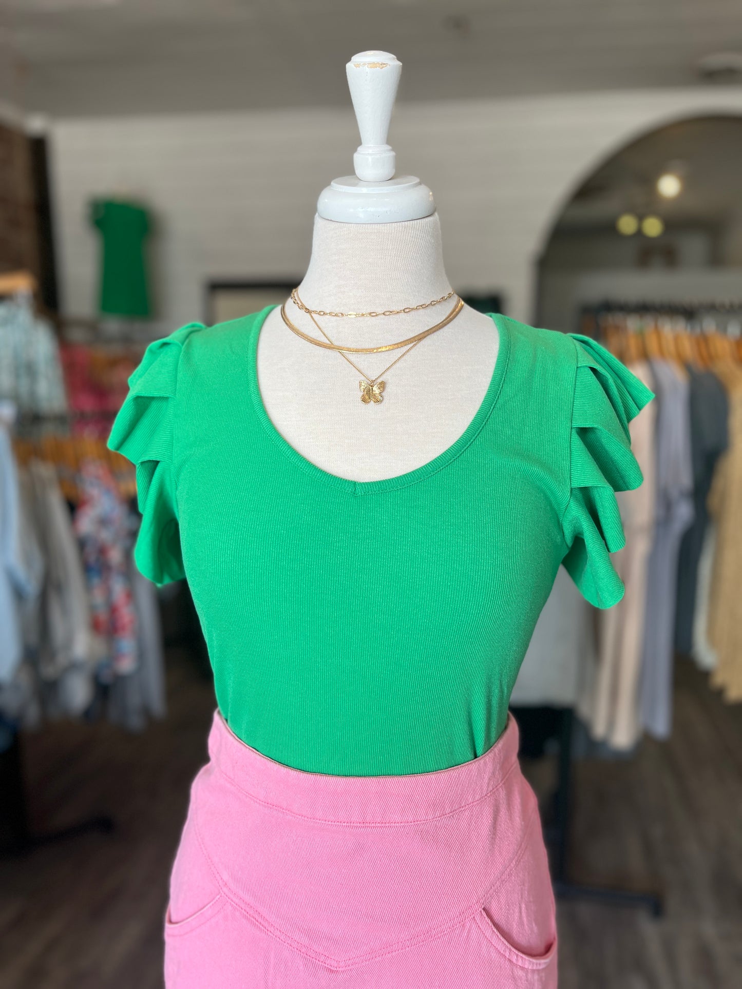 Rib Knit Ruffle Sleeve U-Neck Top