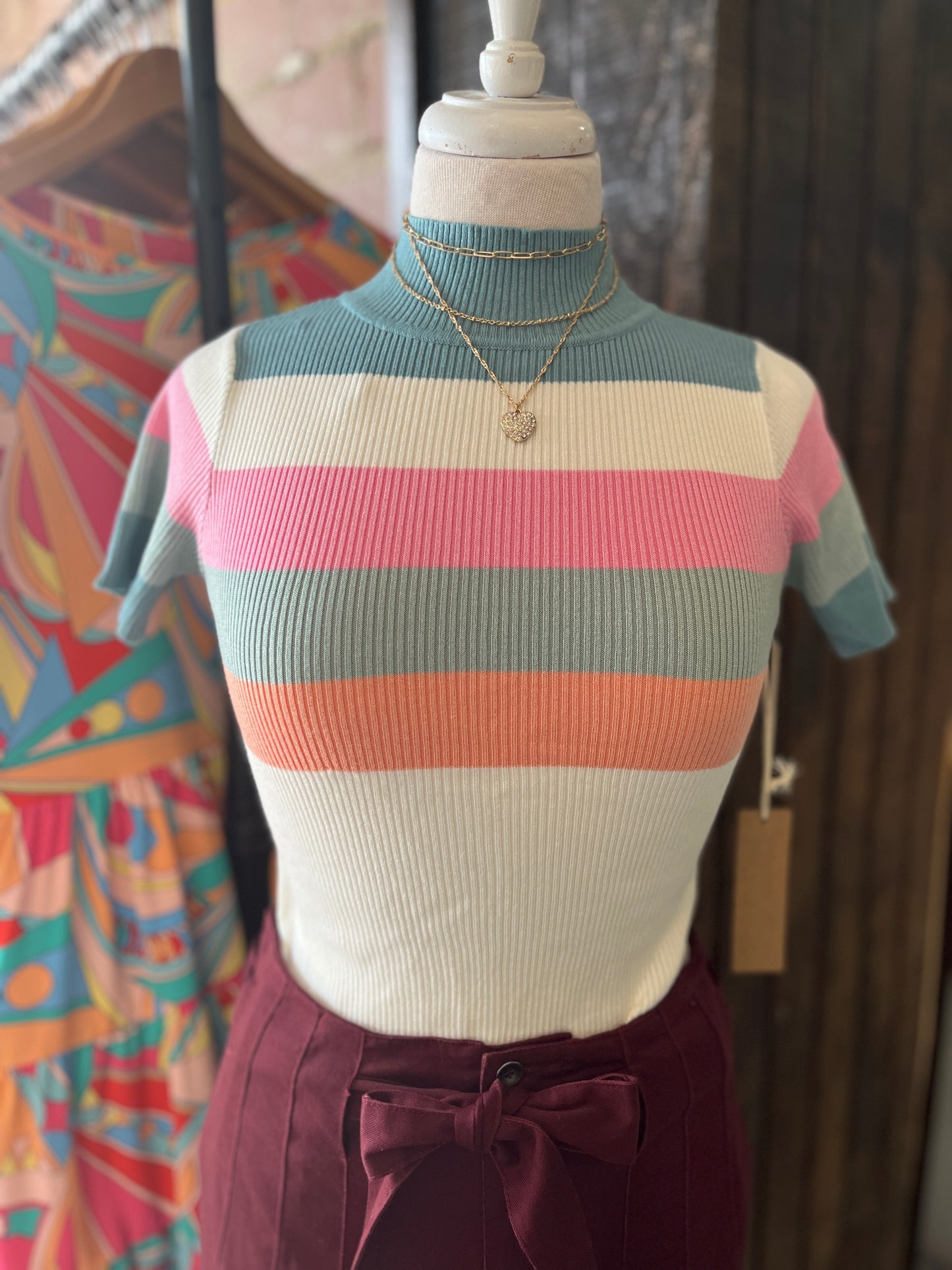 Pastel Striped Rib Knit Short Sleeve Turtleneck