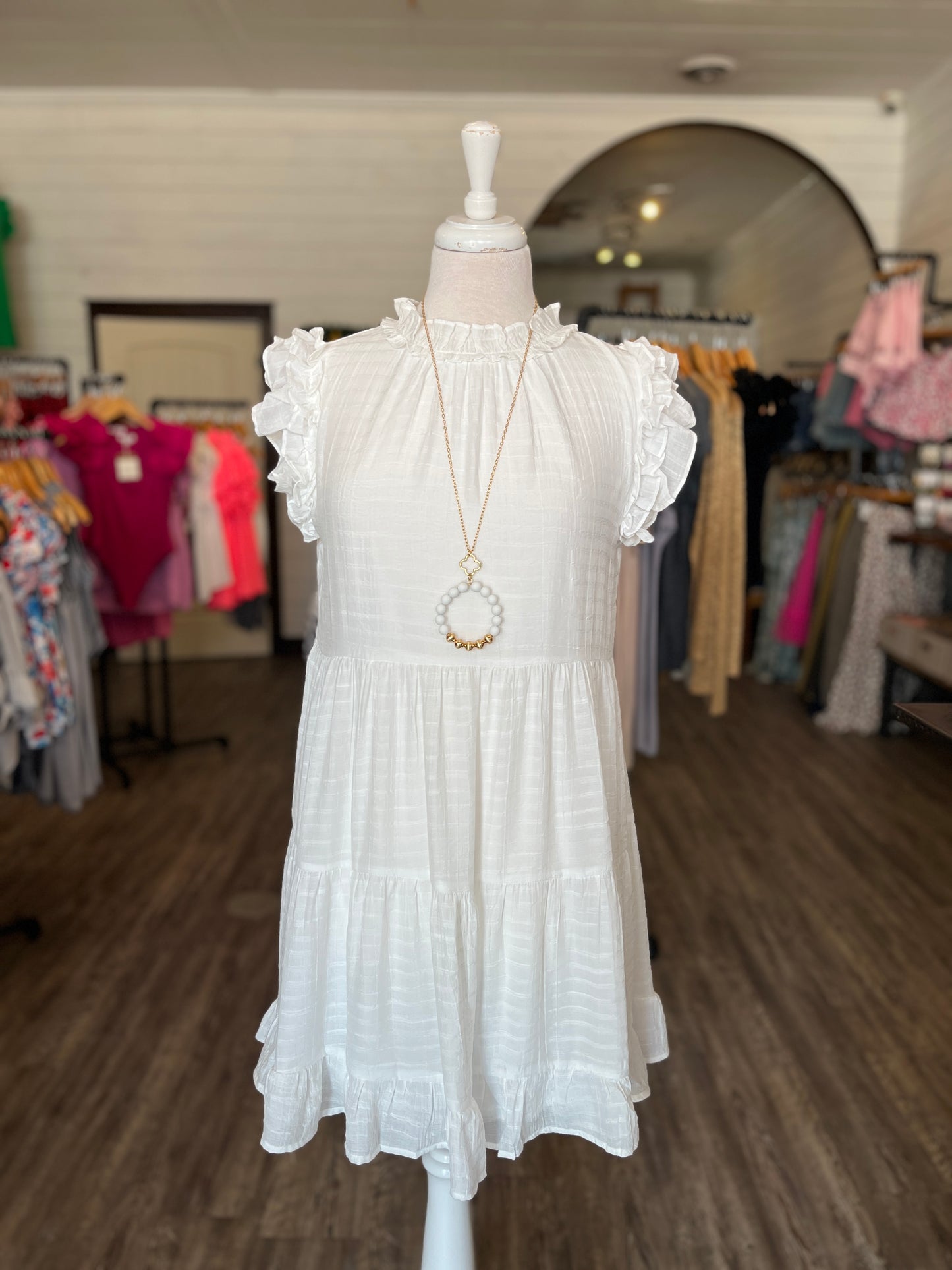 White Textured High Neck Mini Dress