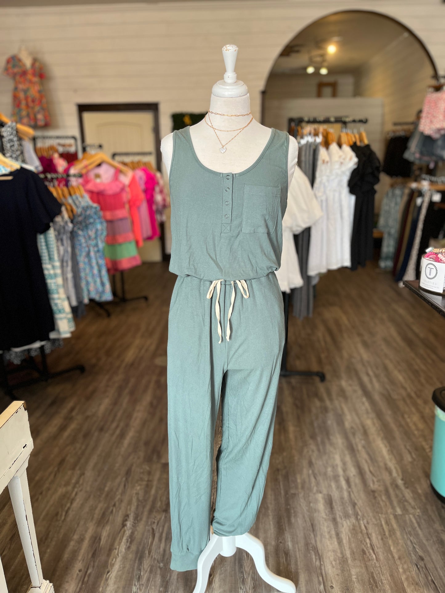 Army Green Rib Knit Jumpsuit w/ Pockets