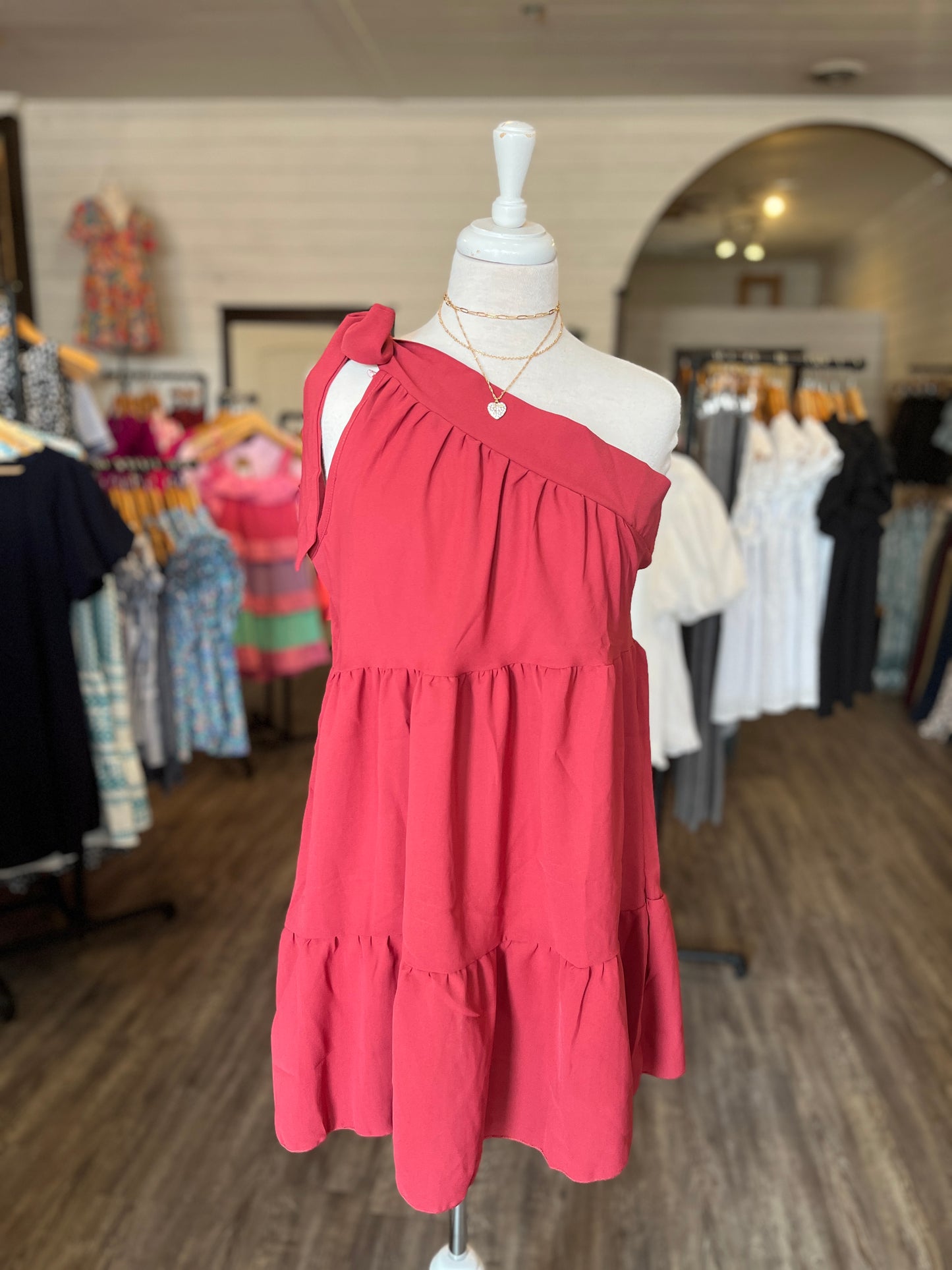 One Shoulder Tied Tiered Mini Dress