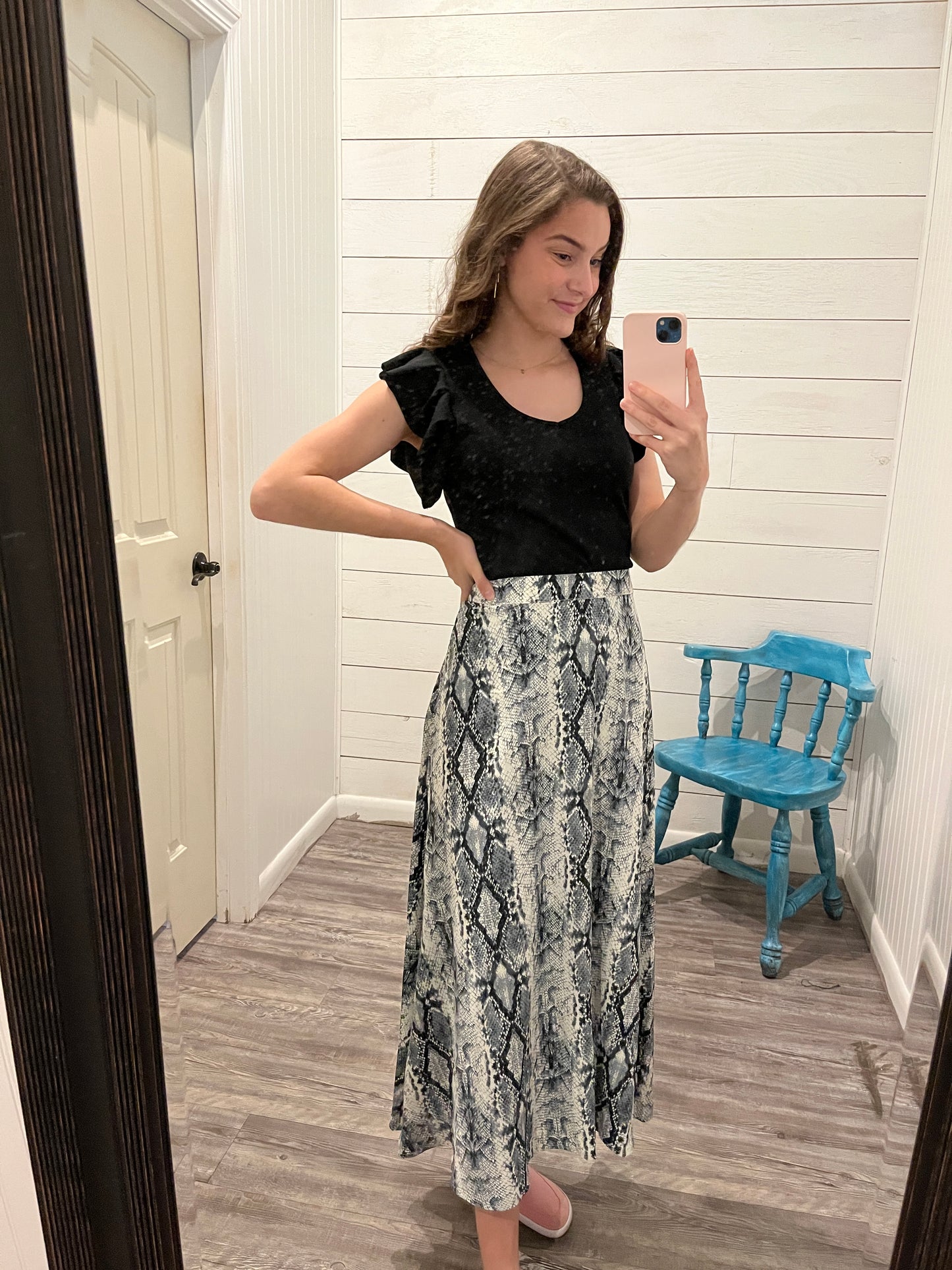 Gray Snake Print Midi Skirt