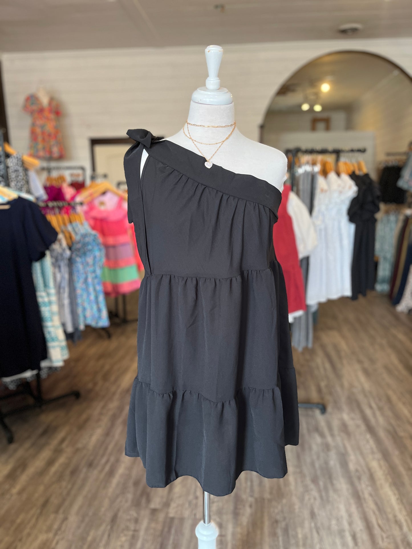 One Shoulder Tied Tiered Mini Dress