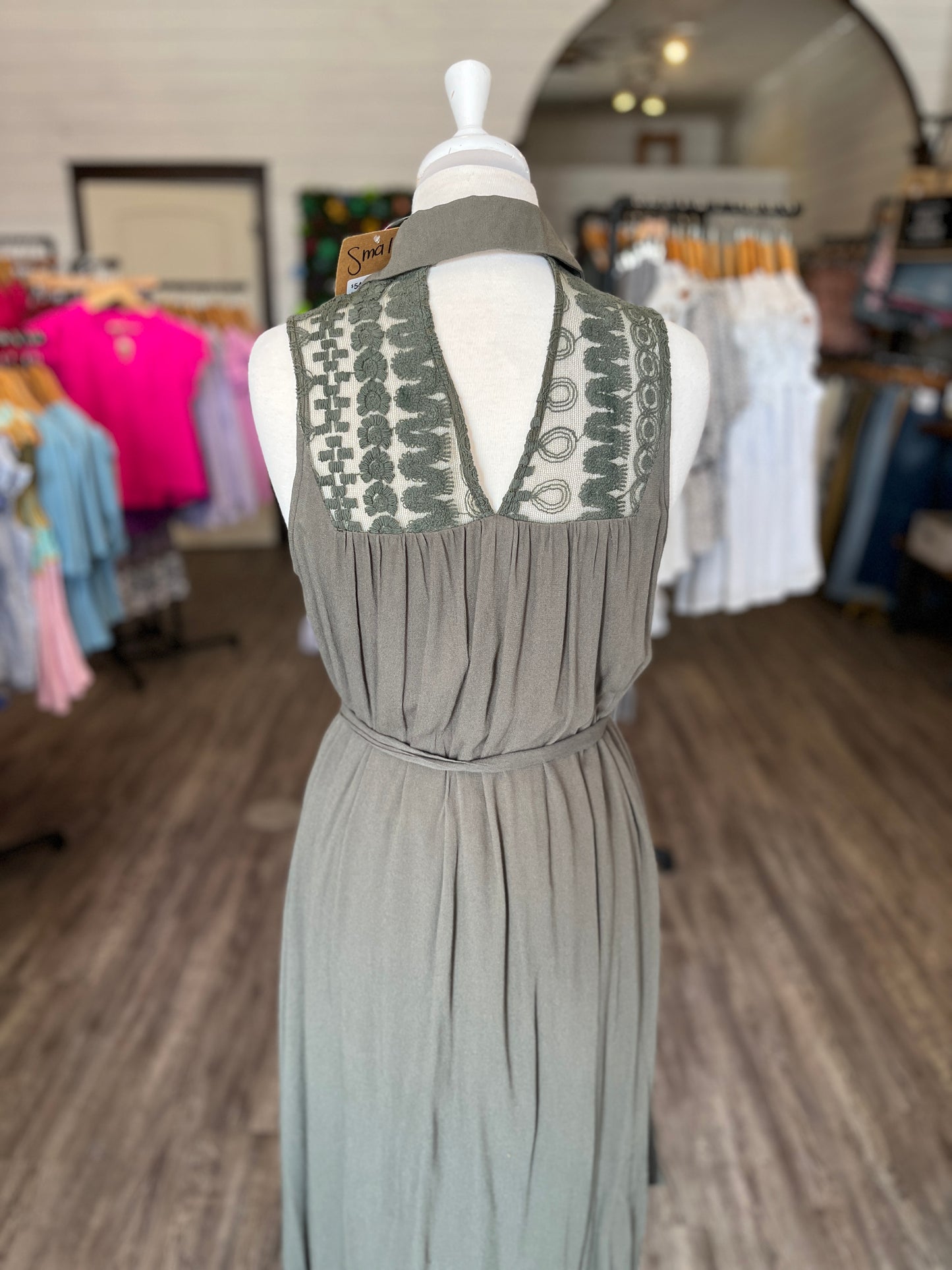 Hunter Green Collared Midi Dress with Tie