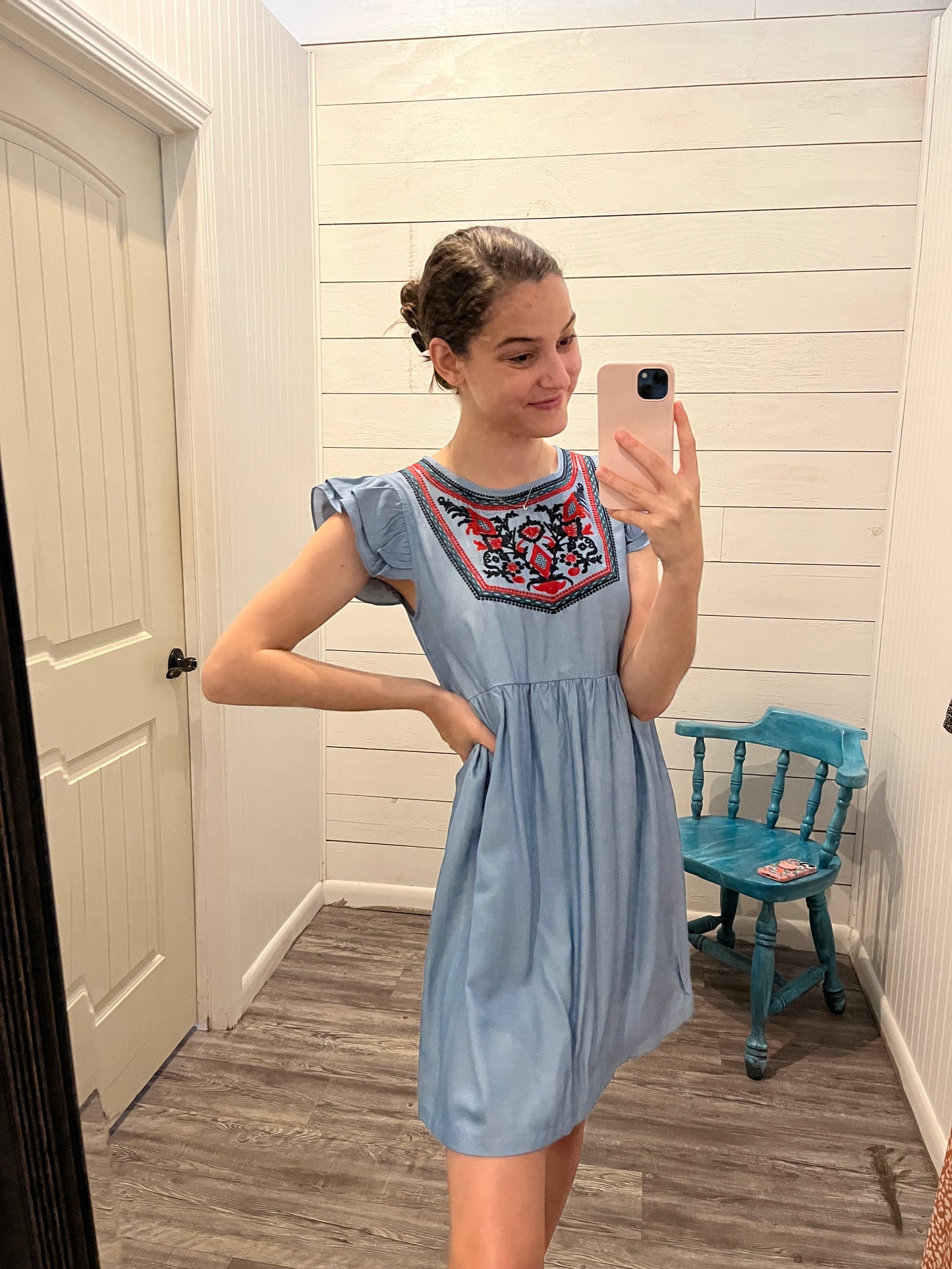 Denim Blue Embroidered Mini Dress