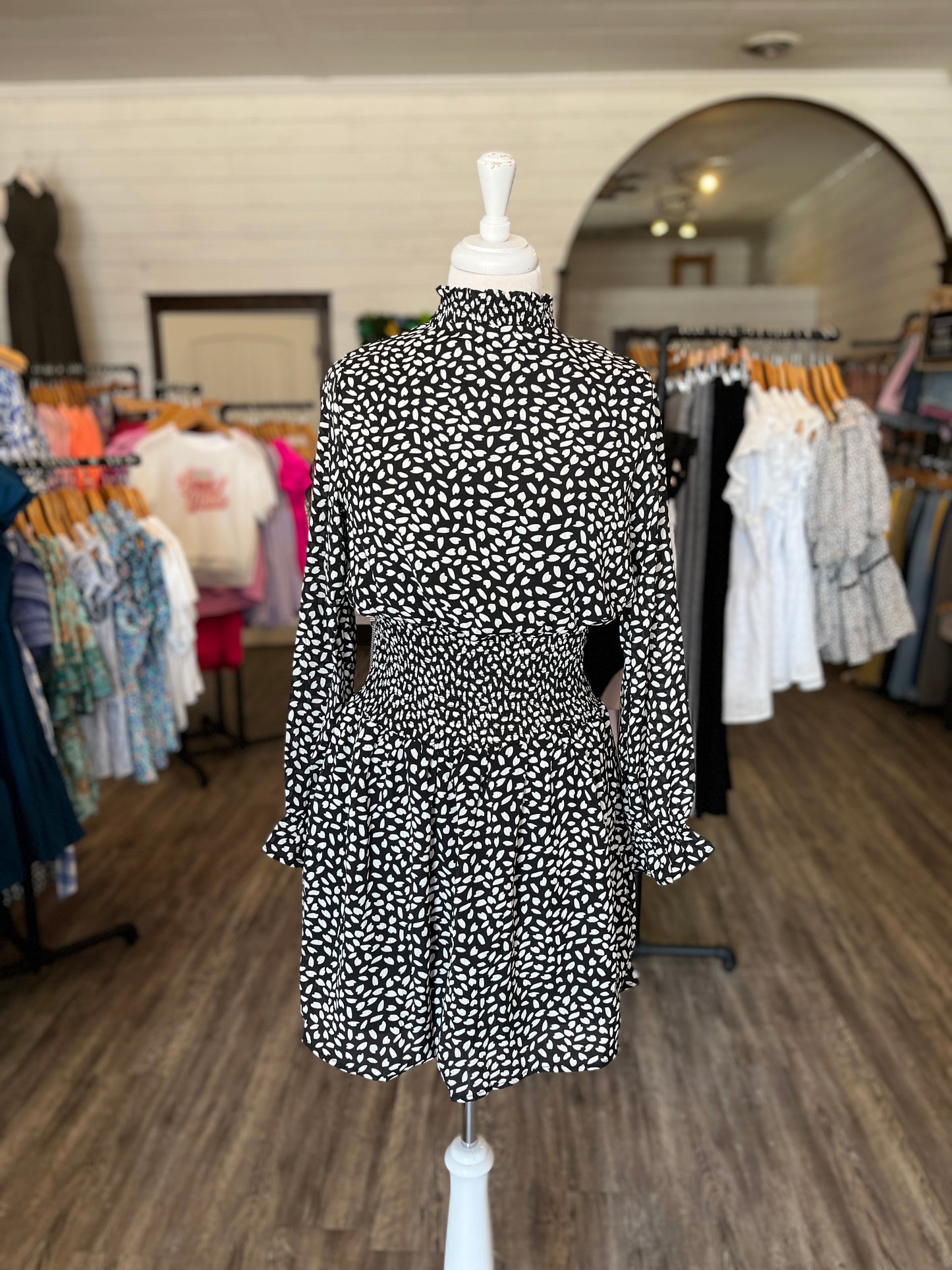 Black + White Long Sleeve Smocked Mini Dress