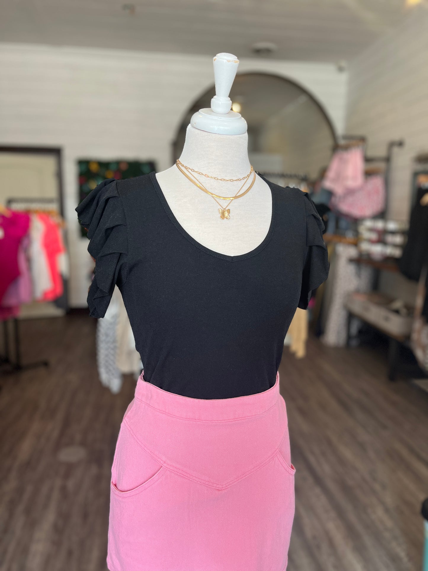 Rib Knit Ruffle Sleeve U-Neck Top