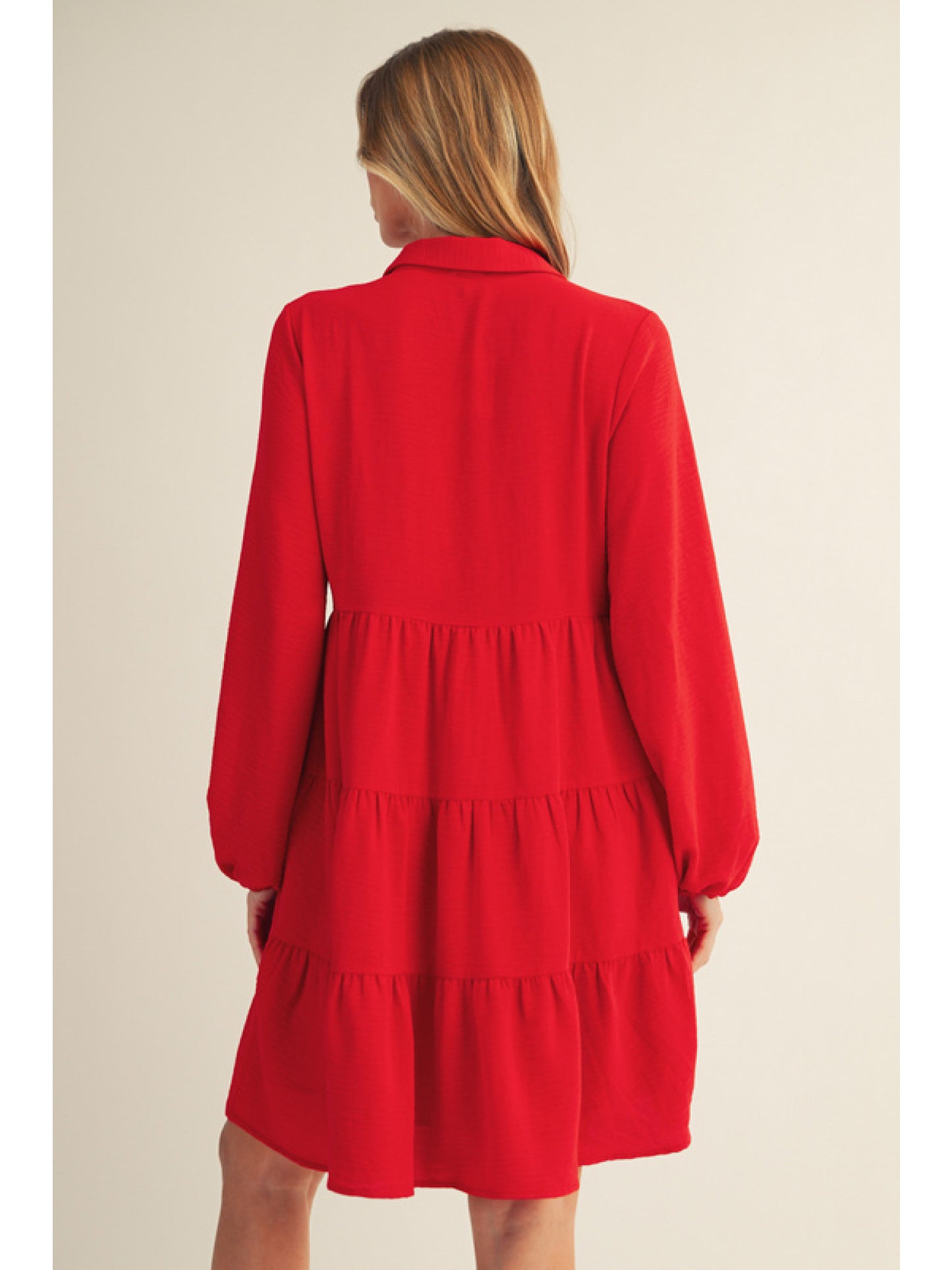 Red Button Down, Collared Long Sleeve Mini Dress