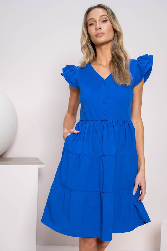 Royal Blue Button-Up Tiered Mini Dress
