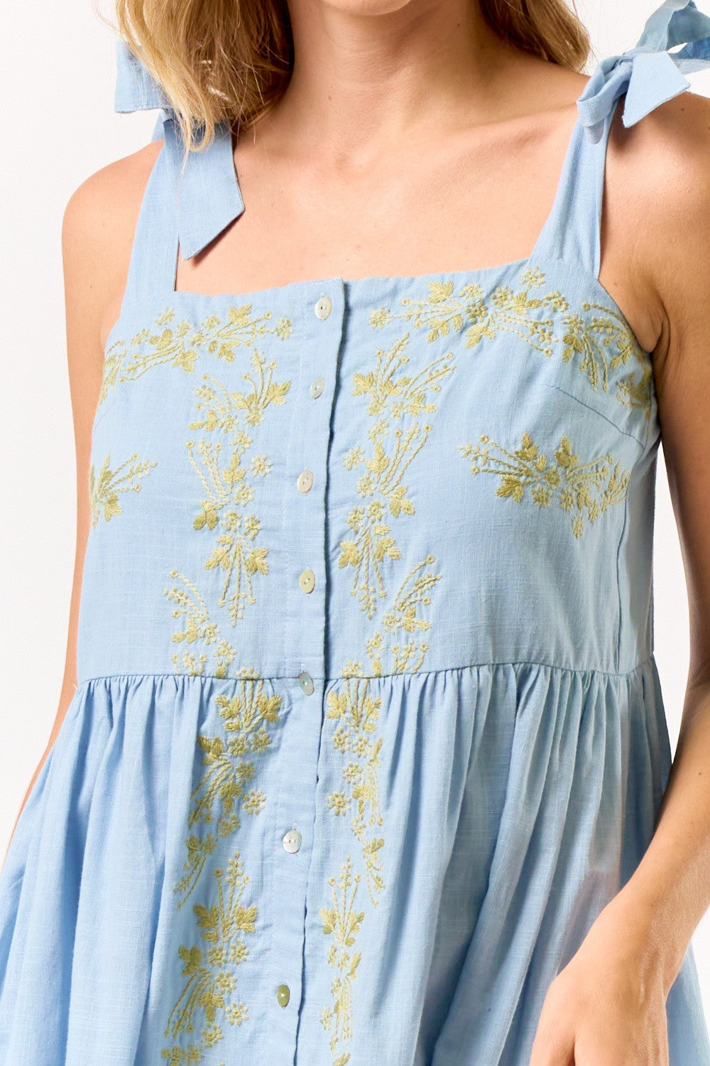 Light Blue Bow Strap Embroidered Midi Dress