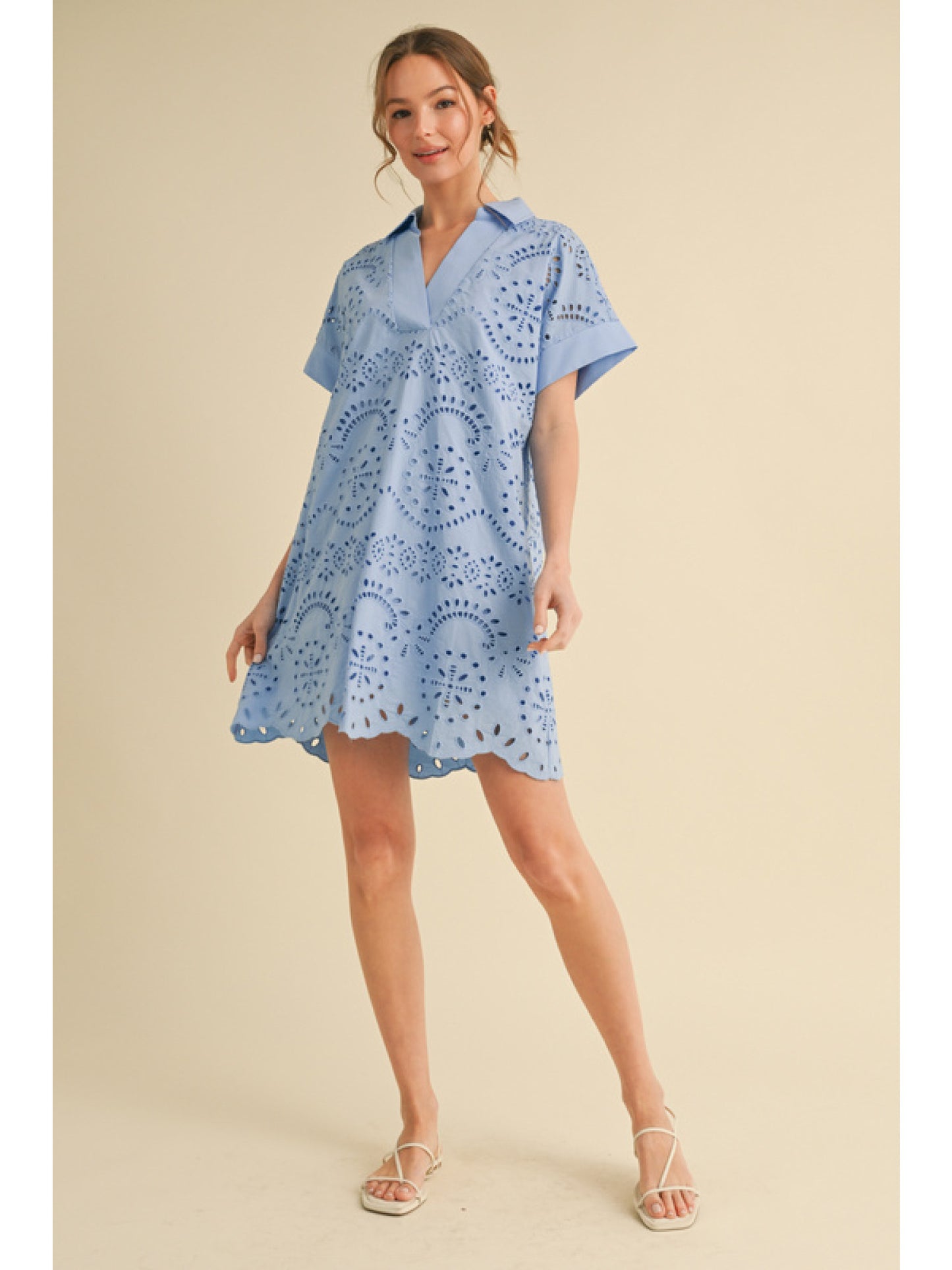 Blue Collared Eyelet Short Sleeve Mini Dress