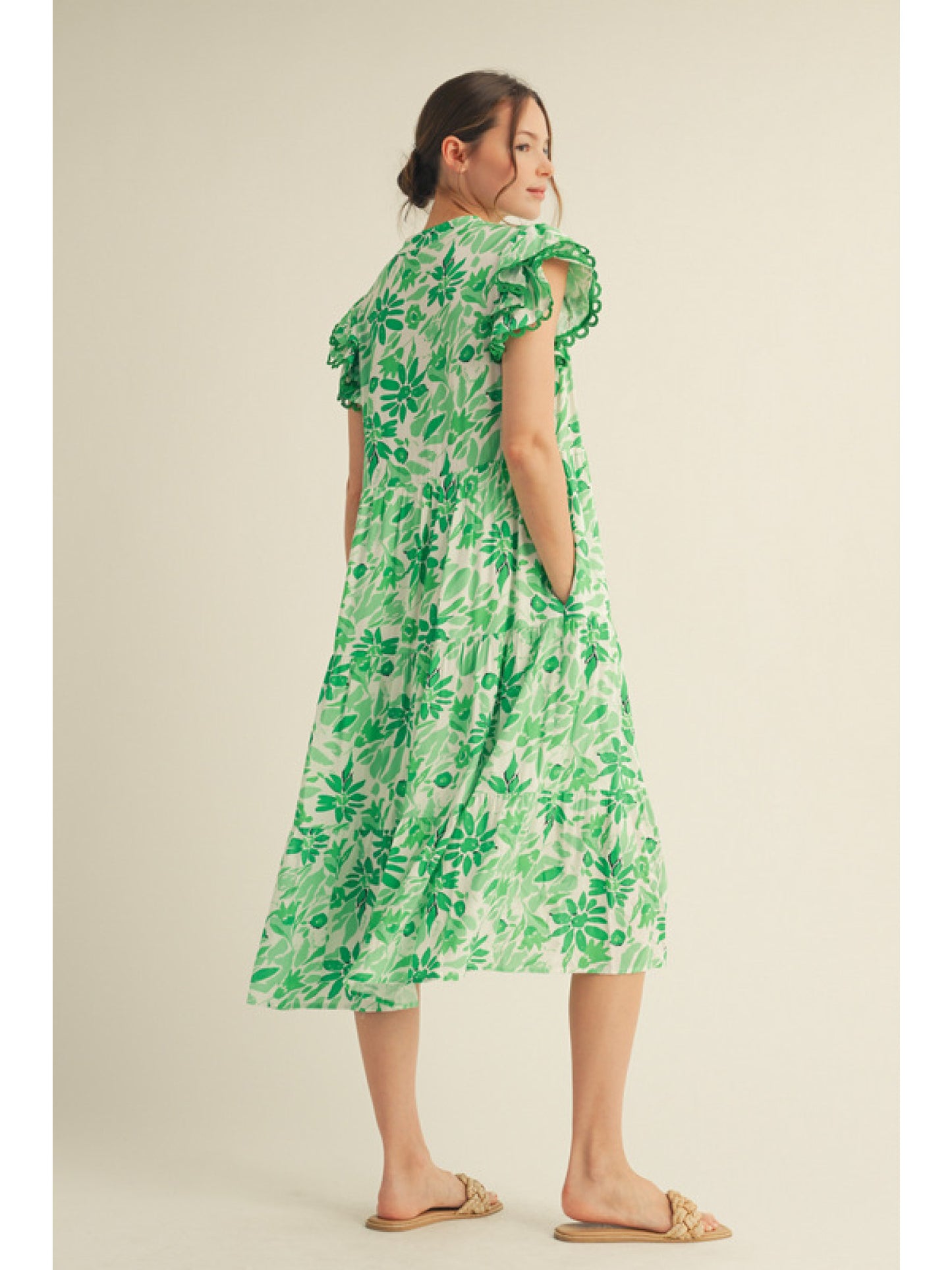 Green Floral Pattern Sleeveless Midi Dress