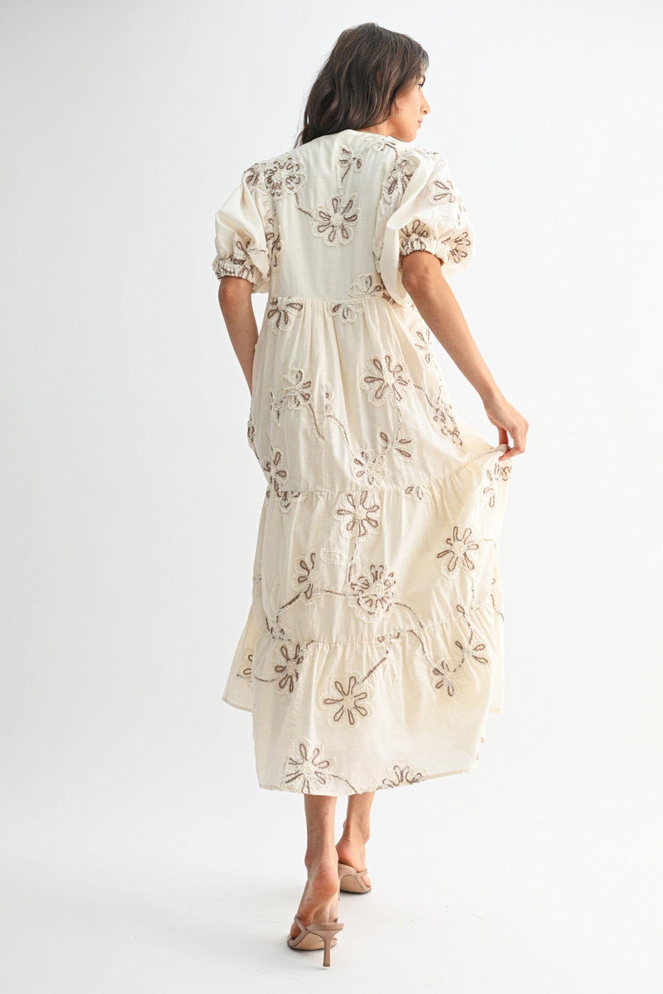 Cream/Mocha Floral Embroidered Short Sleeve Maxi Dress