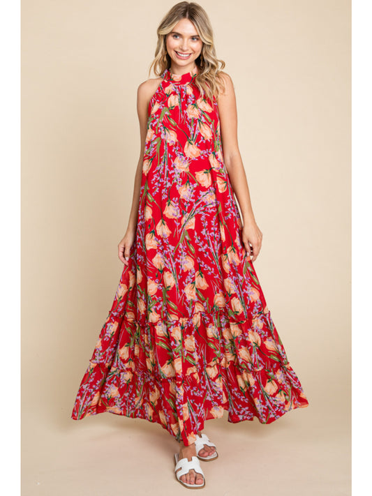 Red Floral Mix Sleeveless Halter Maxi Dress