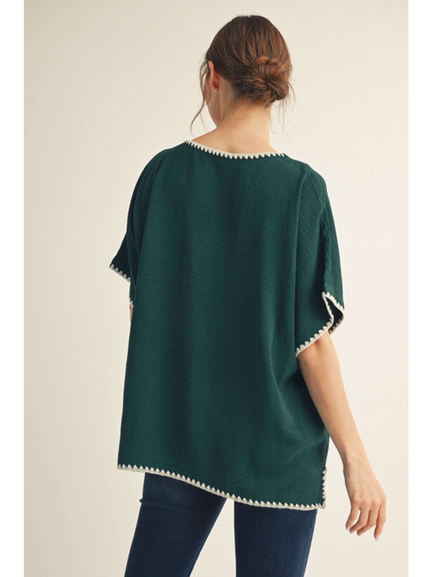 V-Neck Short Sleeve Blouse w/ Knit Trim