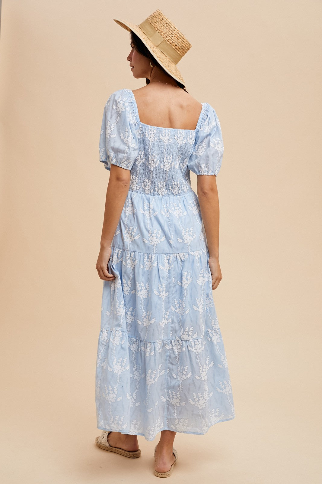 Sky Blue Floral Smocked Bodice Midi Dress