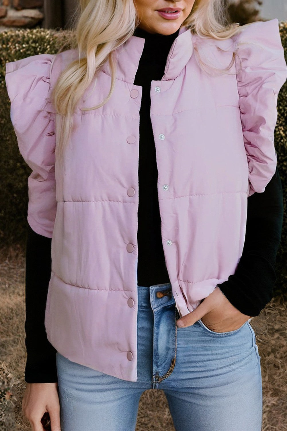 Light Pink Flutter Sleeve Snap Button Puffer Vest
