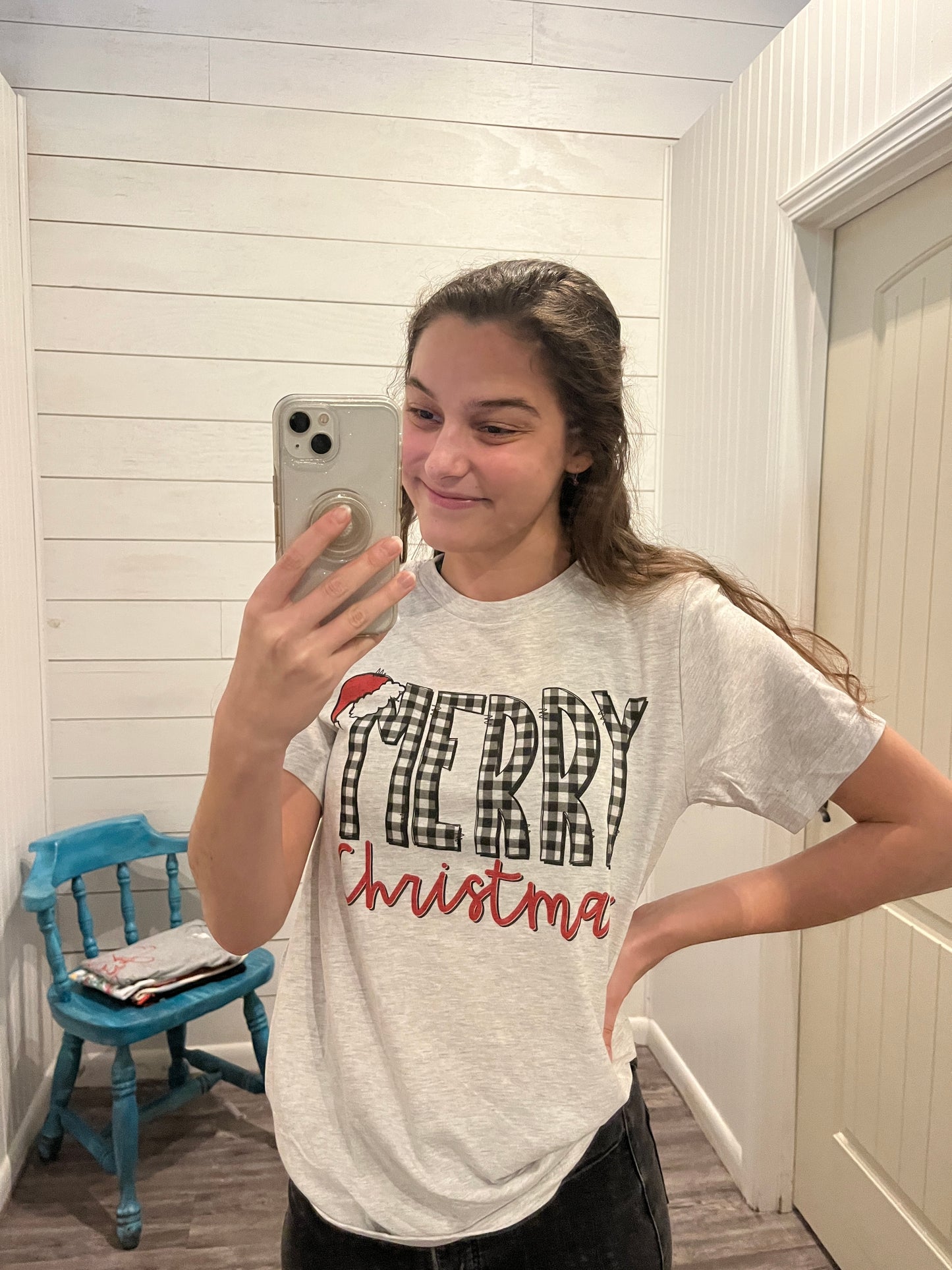 Ash Gray Plaid 'Merry Christmas' Trendy Winter Tee