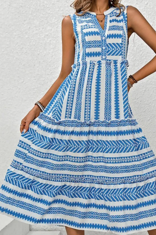 Blue Boho Striped V-Neck Midi Dress
