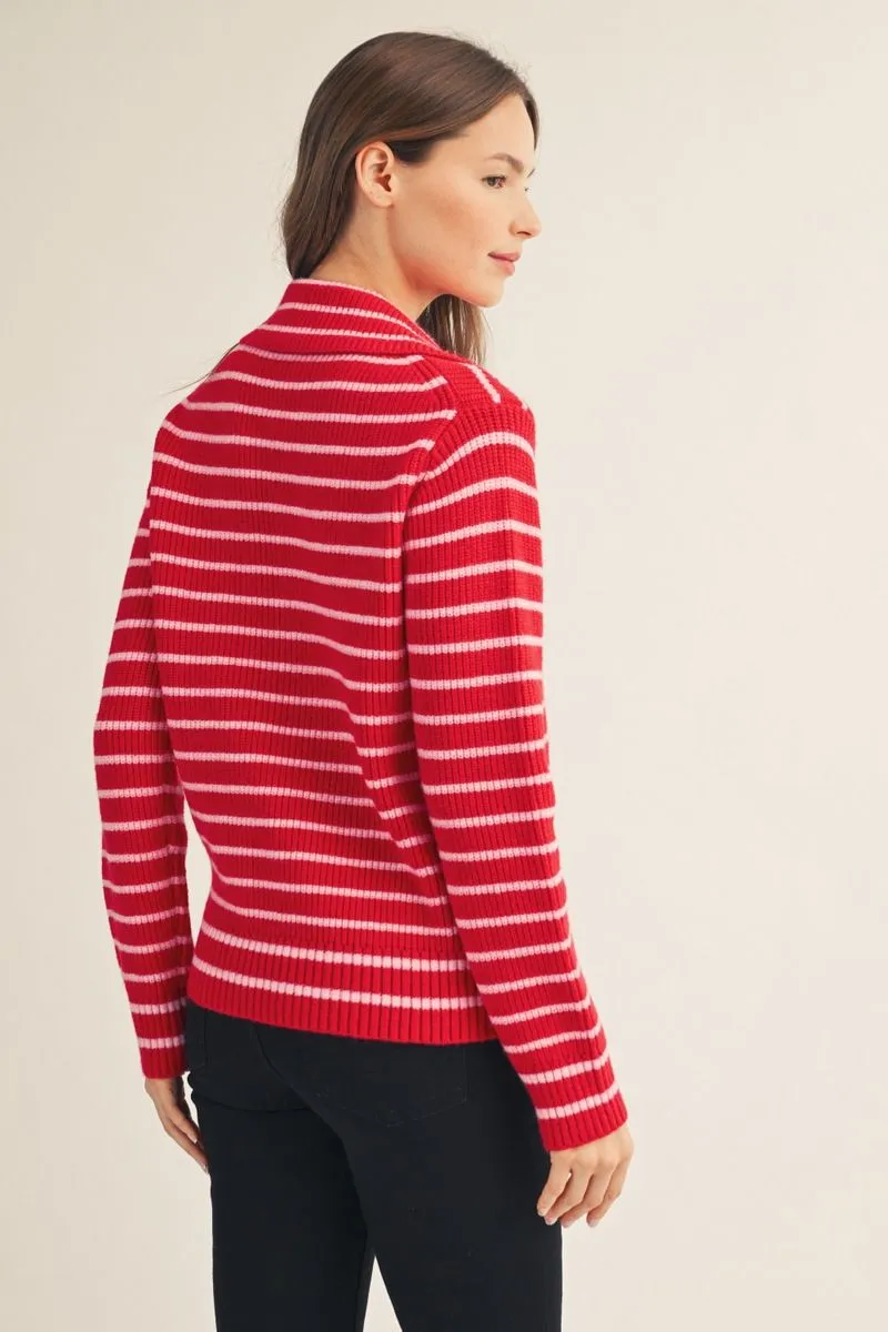 Striped, Zip Up Collared Ribbed Sweater