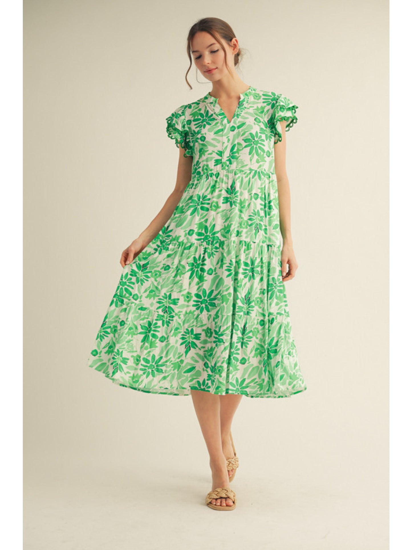 Green Floral Pattern Sleeveless Midi Dress