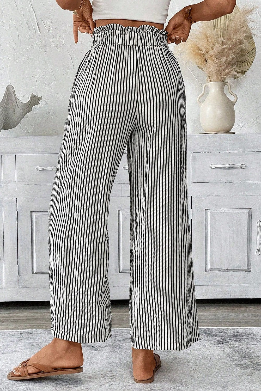 Black Striped Elastic Waist Pants