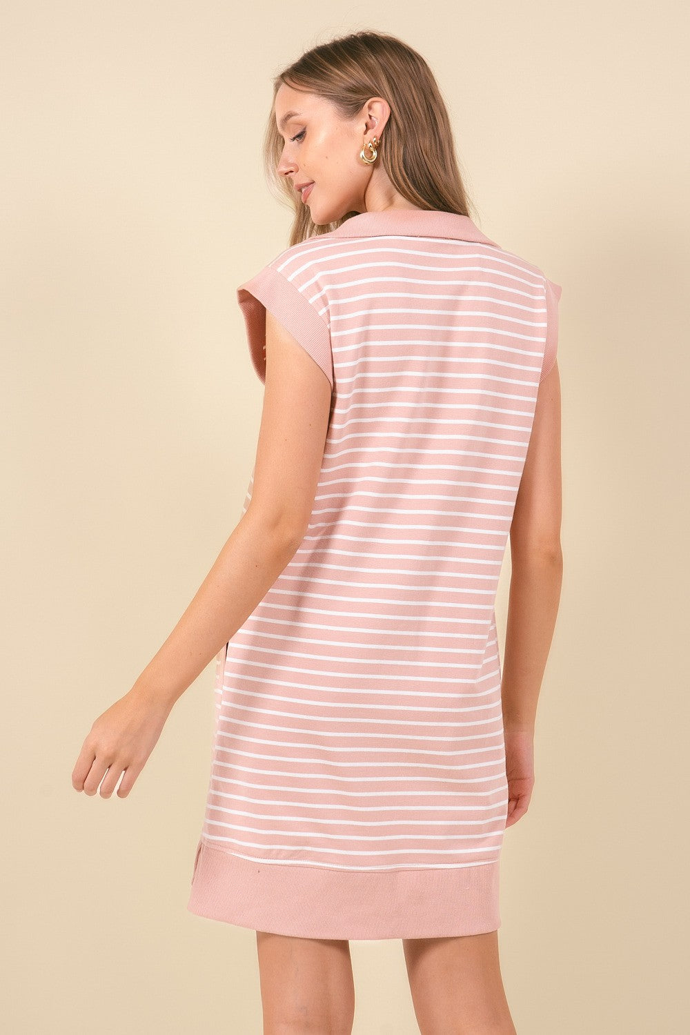 Dusty Pink Striped French Terry Half Zip Mini Dress