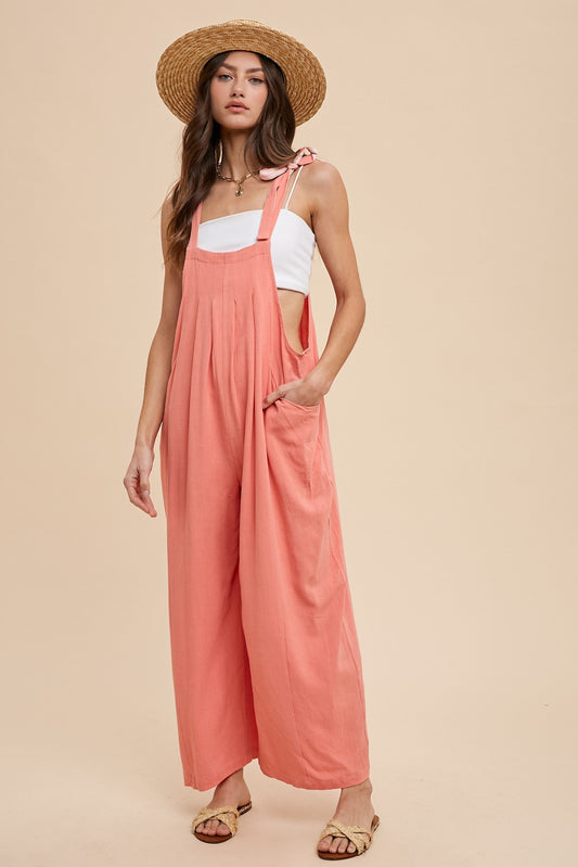 Coral Pleated Loose Fit Overalls w/ Tie Straps